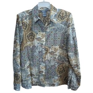 Koret Women's Button-Up Blouse Sz 12 Floral Ribbed  Collar Cream Gold W-472